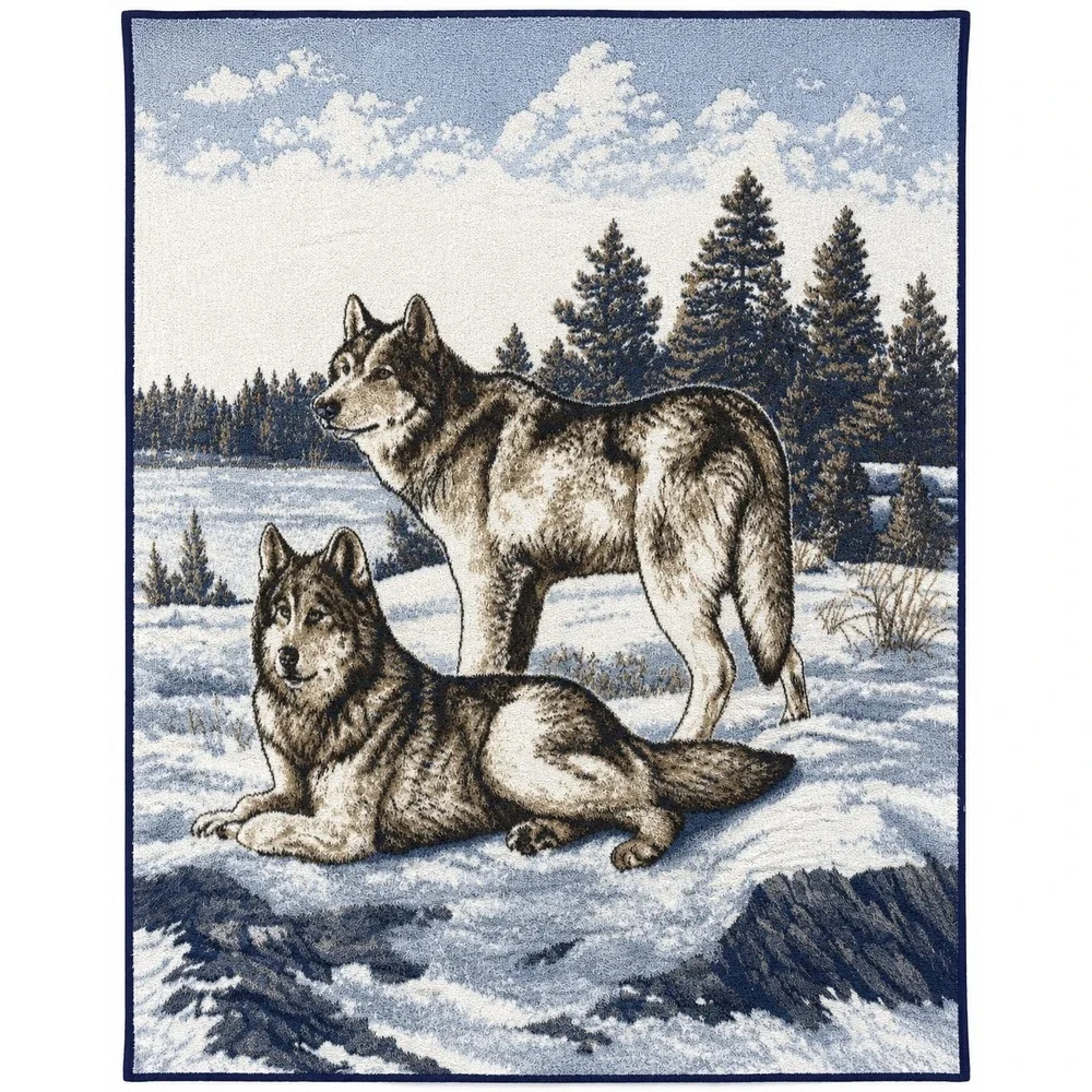 Vintage Biederlack Wolf Blanket Reversible Blue White Fleece Made‎ in USA 56x74